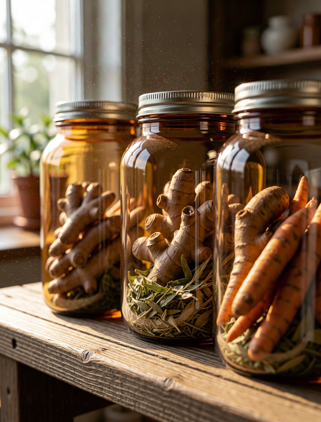 Botanische Wurzeln und Apothekergläser